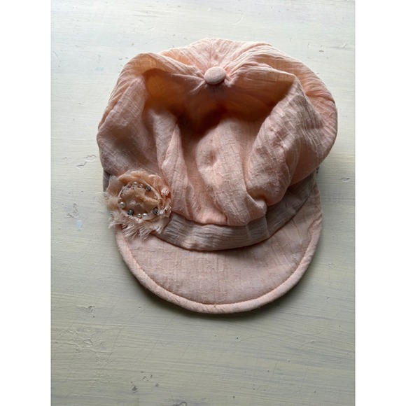 August Hat Company Peach Ruched Cap with Pearl Flower Embellishment - Picture 1 of 3